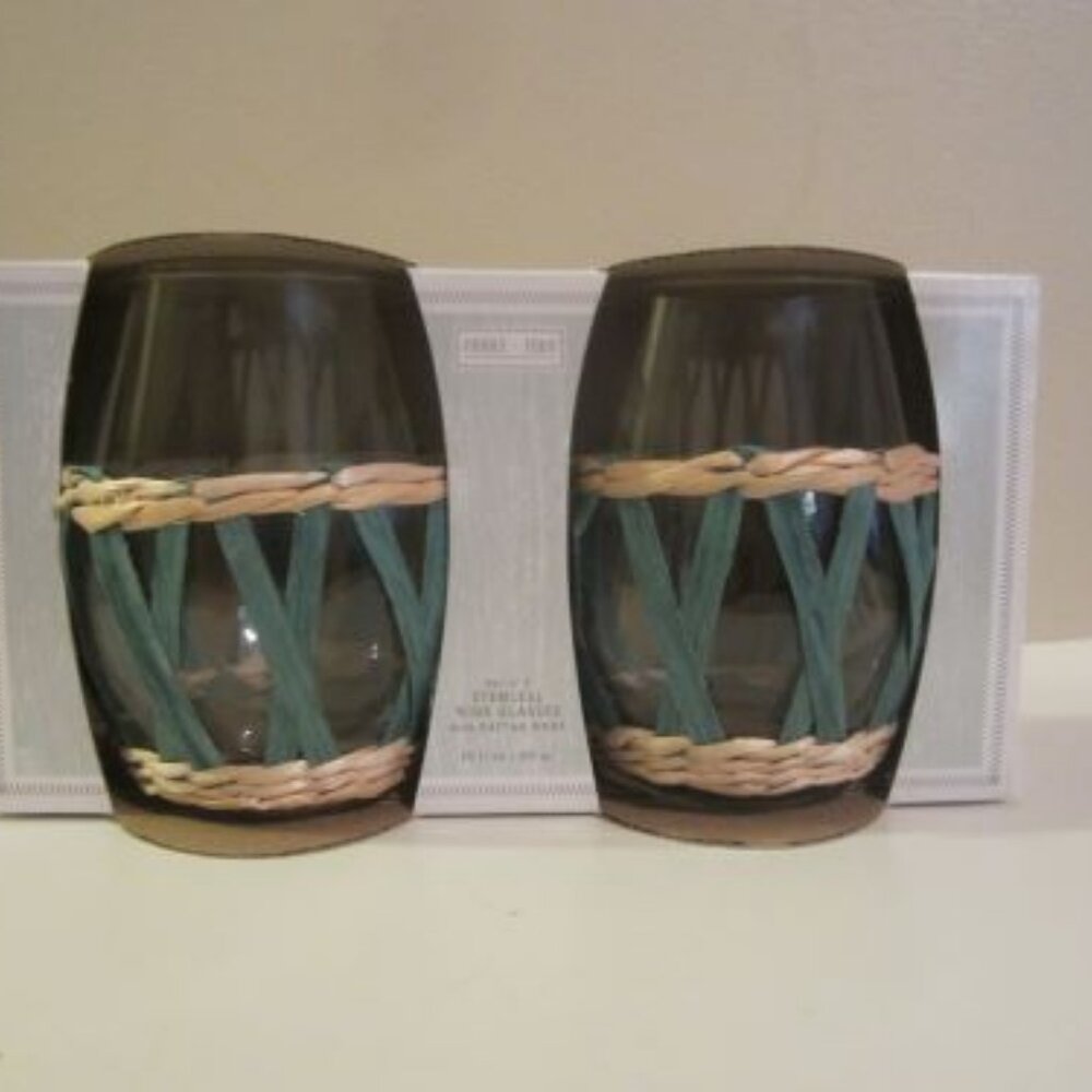 SORRY SOLD!   FIDDLE & FERN Turquoise Rattan Sleeve Stemless Glasses - Set of 2
